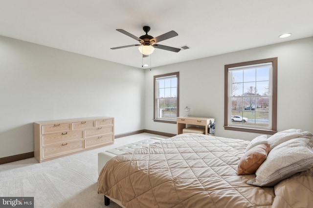 bedroom with visible vents, baseboards, carpet flooring, recessed lighting, and a ceiling fan