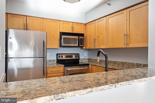 kitchen with appliances with stainless steel finishes, a sink, and light stone counters