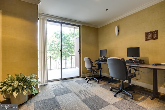 office area featuring baseboards, a healthy amount of sunlight, carpet, and crown molding