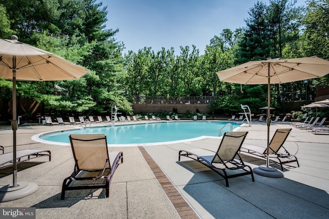 pool featuring a patio and fence