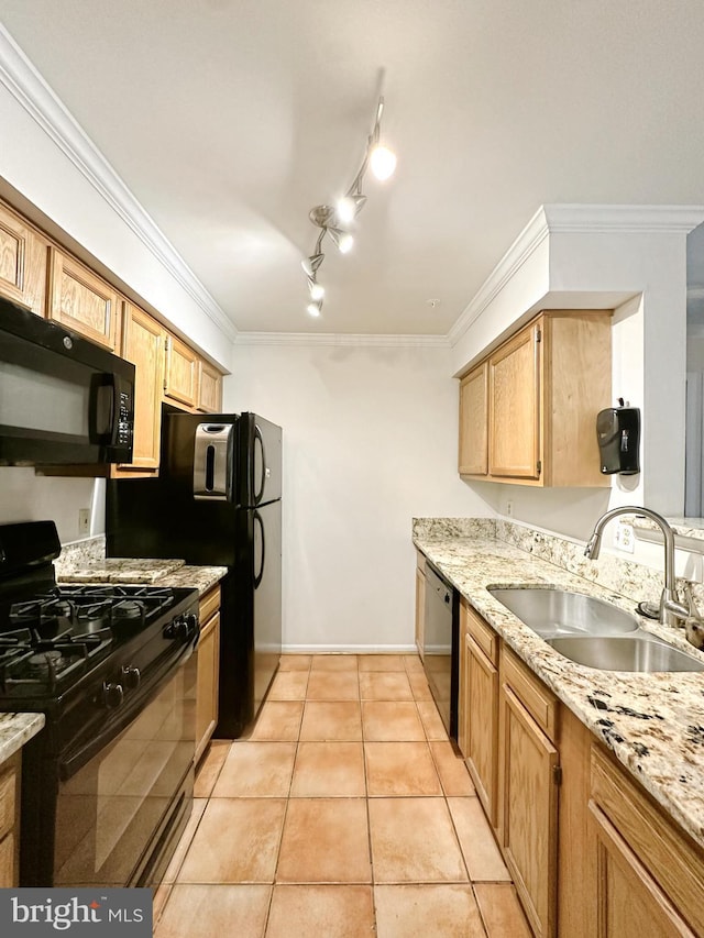 8961 Town Center Cir Unit 1-203, Upper Marlboro, MD 20774 - kitchen with black appliances, a sink, ornamental molding, light tile patterned flooring, and light stone countertops