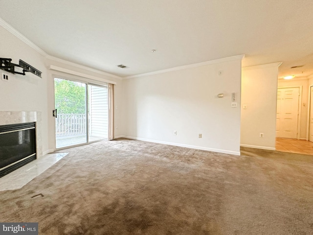 8961 Town Center Cir Unit 1-203, Upper Marlboro, MD 20774 - unfurnished living room featuring ornamental molding, carpet, a premium fireplace, and baseboards