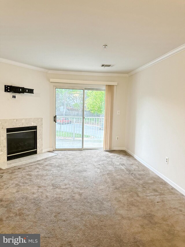 8961 Town Center Cir Unit 1-203, Upper Marlboro, MD 20774 - unfurnished living room featuring crown molding, carpet floors, baseboards, and a premium fireplace
