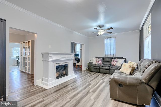 living area with ornamental molding, light wood finished floors, and a premium fireplace