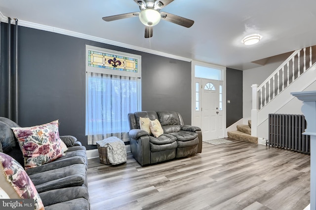 living room with wood finished floors, a ceiling fan, stairs, ornamental molding, and radiator heating unit