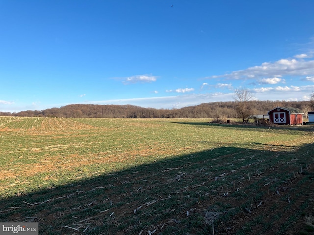 view of yard featuring a rural view, a storage unit, and an outdoor structure