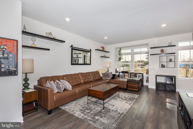 living room featuring baseboards, wood finished floors, a wealth of natural light, and recessed lighting