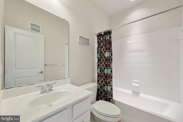 bathroom with toilet, shower / bath combo, vanity, and visible vents