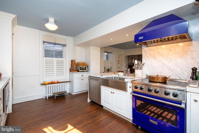 kitchen featuring dark wood finished floors, radiator, wall chimney exhaust hood, stainless steel appliances, and a sink