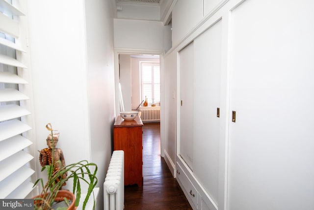 hall featuring radiator heating unit and dark wood-type flooring