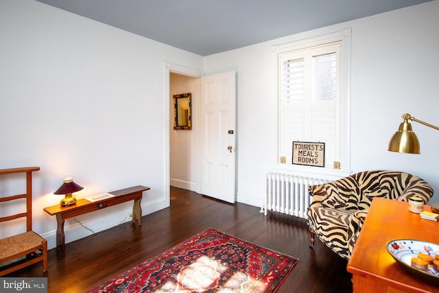 living area with radiator, baseboards, and wood finished floors