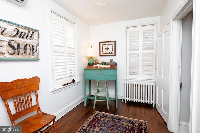 interior space with radiator, a wall unit AC, baseboards, and wood finished floors