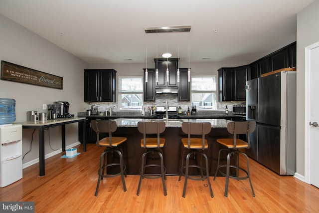 kitchen featuring dark cabinetry, light wood-type flooring, tasteful backsplash, and stainless steel appliances