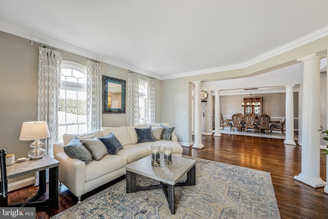 living area featuring crown molding, ornate columns, and wood finished floors