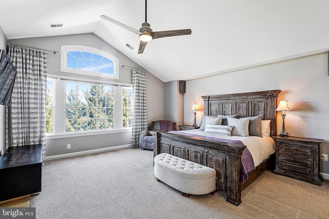 carpeted bedroom featuring high vaulted ceiling, visible vents, baseboards, and a ceiling fan