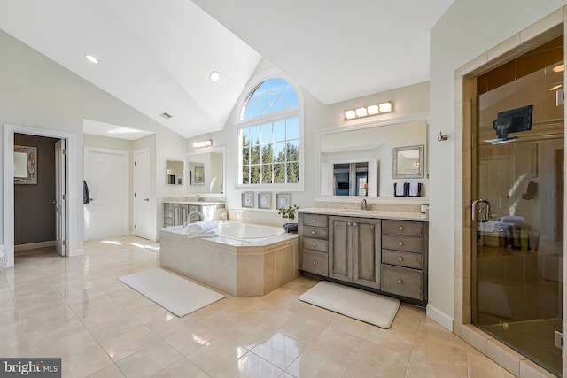 full bath featuring visible vents, tile patterned flooring, vanity, a shower stall, and a bath