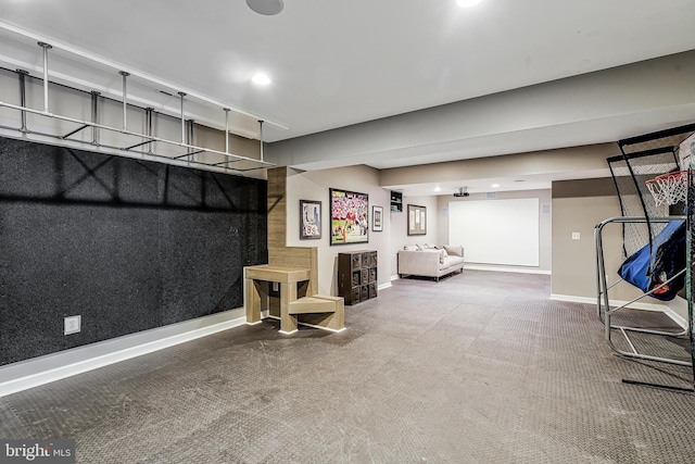 game room with carpet floors, recessed lighting, and baseboards