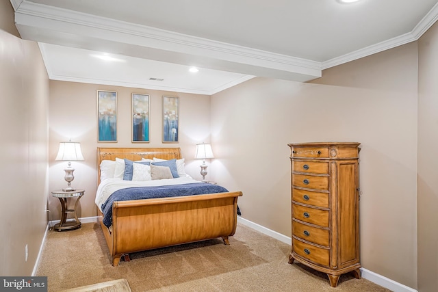 bedroom featuring ornamental molding, carpet flooring, visible vents, and baseboards