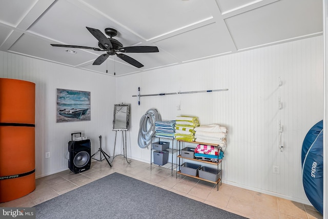 misc room featuring ceiling fan, tile patterned flooring, and baseboards