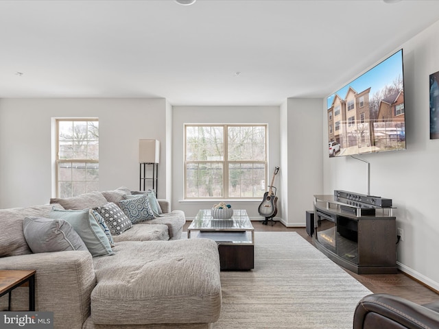 living area featuring wood finished floors and baseboards