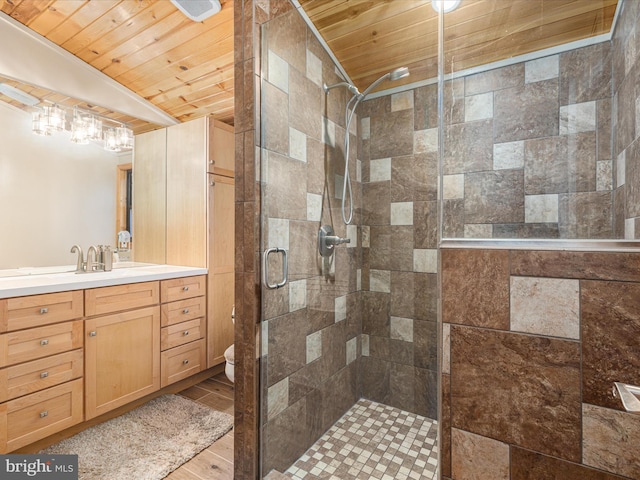 full bath featuring vanity, wooden ceiling, a shower stall, and toilet