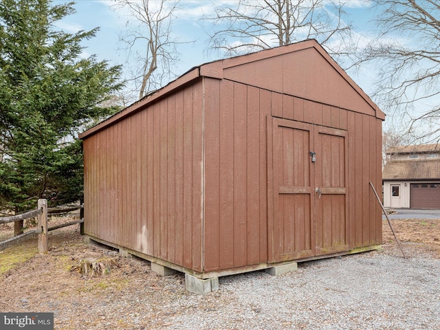 view of shed featuring fence