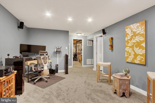 carpeted office with recessed lighting, visible vents, and baseboards