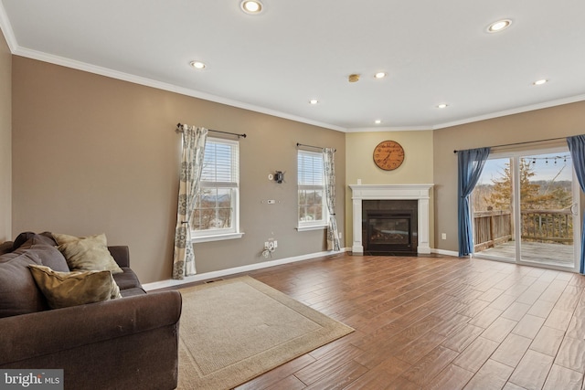 living room with a wealth of natural light, ornamental molding, wood finished floors, and a tile fireplace