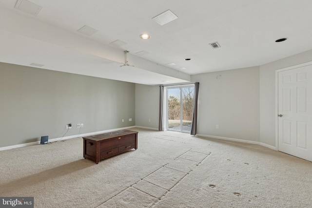 unfurnished room featuring baseboards, recessed lighting, visible vents, and light colored carpet