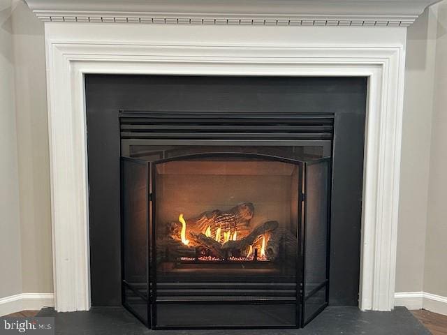 details with a lit fireplace and baseboards