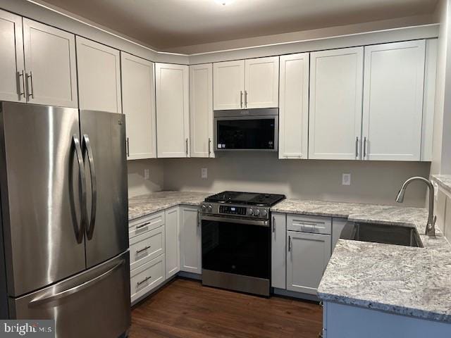 kitchen featuring dark wood-style floors, appliances with stainless steel finishes, a sink, and light stone countertops