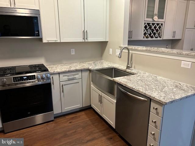 kitchen featuring light stone countertops, dark wood-style floors, stainless steel appliances, and a sink