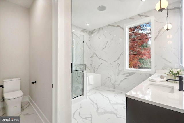 bathroom with marble finish floor, a marble finish shower, toilet, a sink, and stone wall