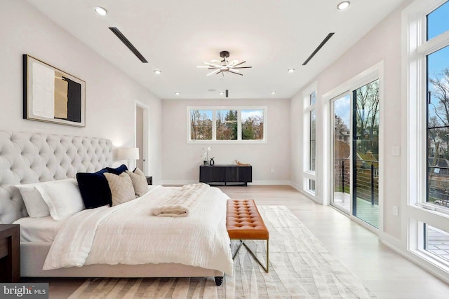 bedroom with light wood-type flooring, access to outside, baseboards, and recessed lighting