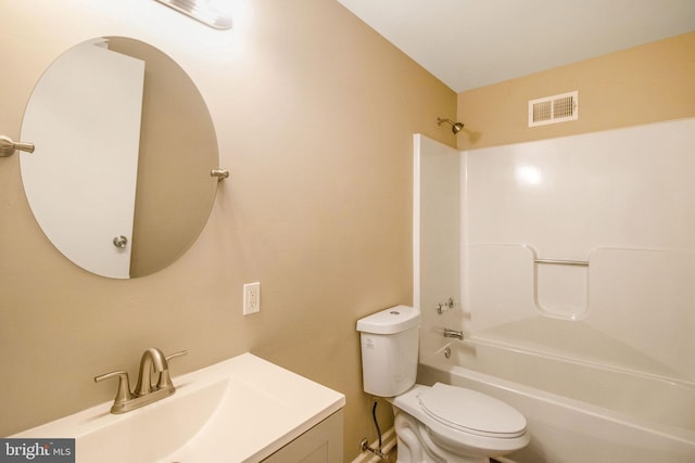 full bath featuring vanity, bathing tub / shower combination, toilet, and visible vents