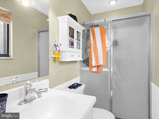 full bath featuring vanity, toilet, and a stall shower