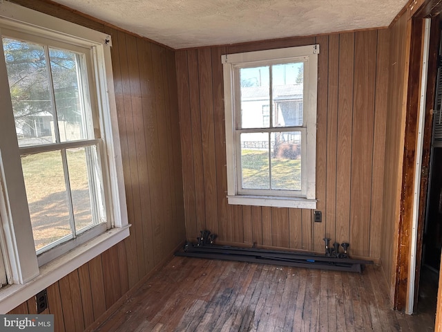 empty room featuring dark wood-style floors, wood walls, and a textured ceiling