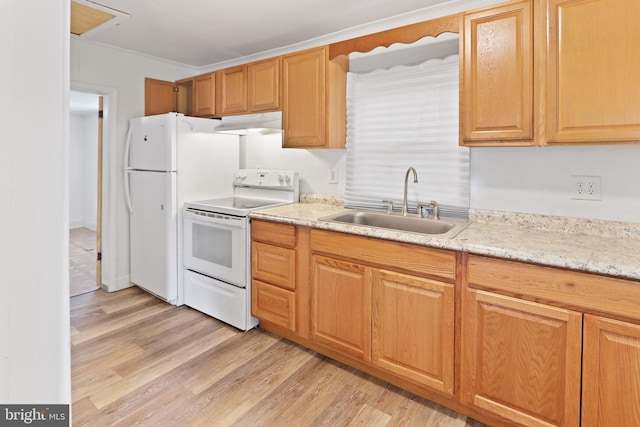 kitchen featuring under cabinet range hood, a sink, light wood-type flooring, light stone countertops, and white range with electric cooktop