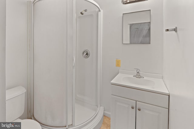 full bathroom featuring toilet, a shower stall, and vanity