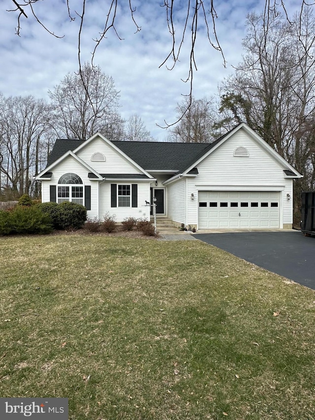 single story home with a garage, driveway, a front lawn, and roof with shingles