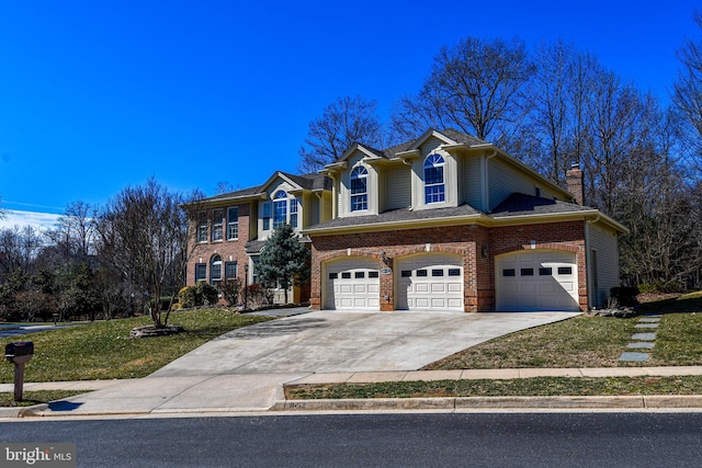 view of front of house featuring a garage, brick siding, concrete driveway, a front lawn, and a chimney