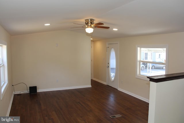 foyer featuring dark wood-style floors, recessed lighting, visible vents, and baseboards