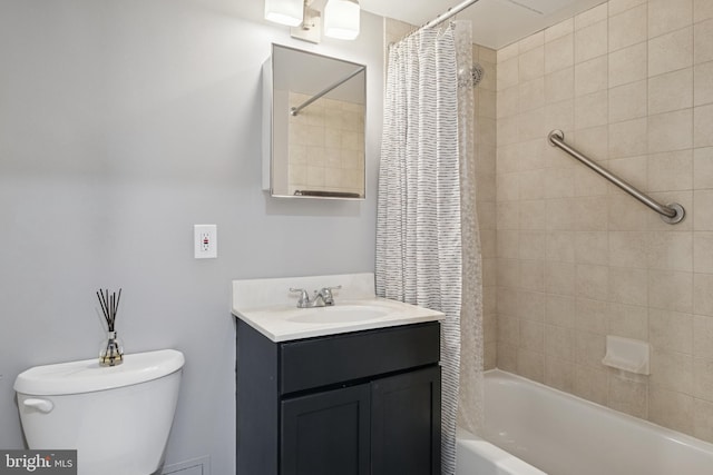 bathroom featuring toilet, shower / bathtub combination with curtain, and vanity