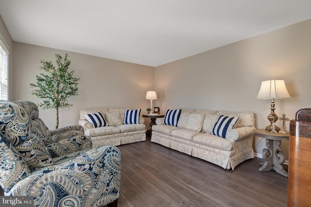 living room with dark wood-style flooring