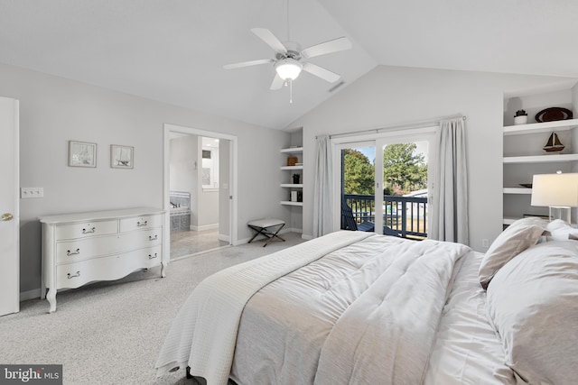 bedroom with lofted ceiling, access to outside, connected bathroom, a ceiling fan, and light carpet