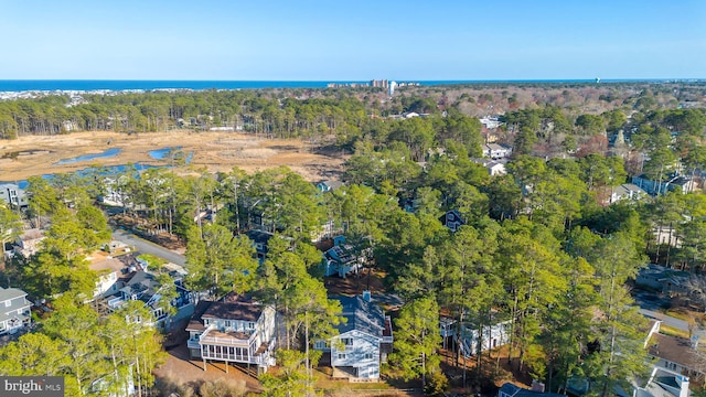 bird's eye view with a water view and a view of trees