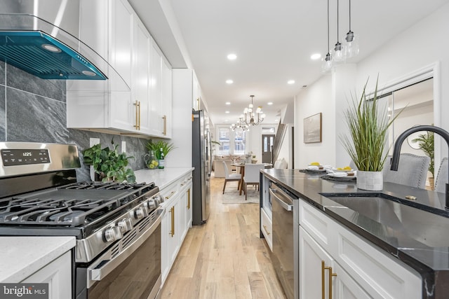 kitchen featuring light wood-style flooring, appliances with stainless steel finishes, a sink, extractor fan, and backsplash