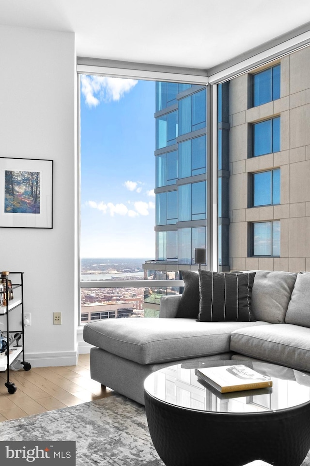 living area featuring a wall of windows, a wealth of natural light, baseboards, and wood finished floors