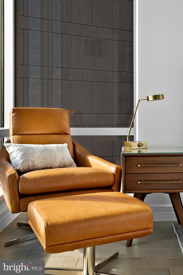 living area featuring wood finished floors and baseboards