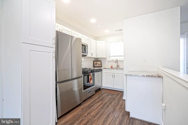 kitchen featuring white cabinets, dark wood-style flooring, a sink, stainless steel appliances, and backsplash